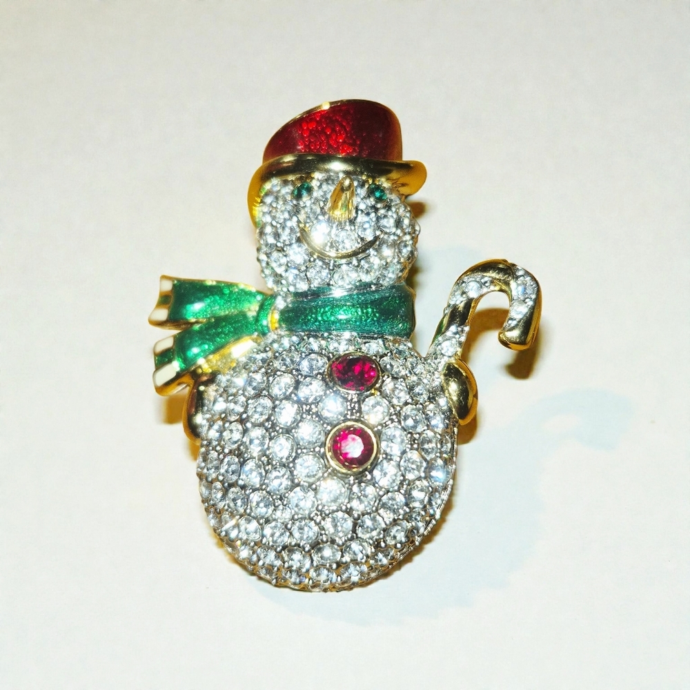 Swarovski Signed Vintage Snowman Brooch Gold Plated Encrusted With Crystals